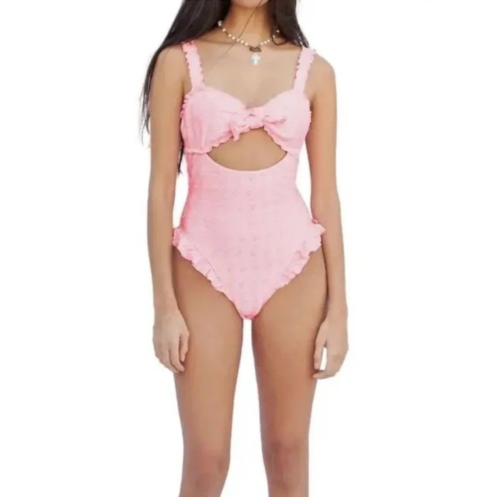 Frankies Bikinis Lucia Eyelet Ruffle Bow One Piece Swimsuit Pink Plus Size 2XL